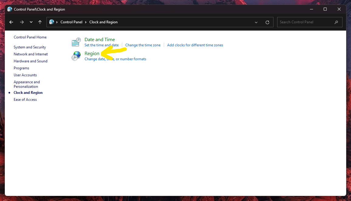 Region settings entry inside Clock and Region
